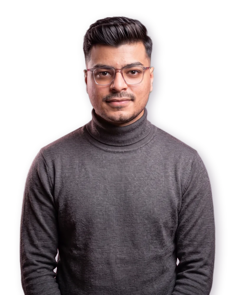 Muneeb Talib, founder of WhySoMotion, with the WSM mascot peeking out from behind him